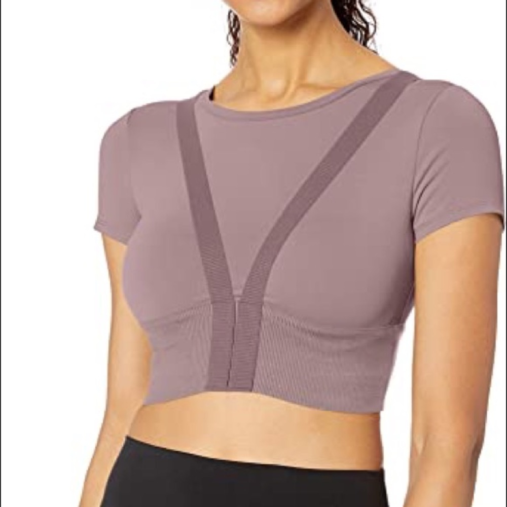 ALO Yoga Mauve Short-Sleeve Crop Top with Ribbed V-Accent